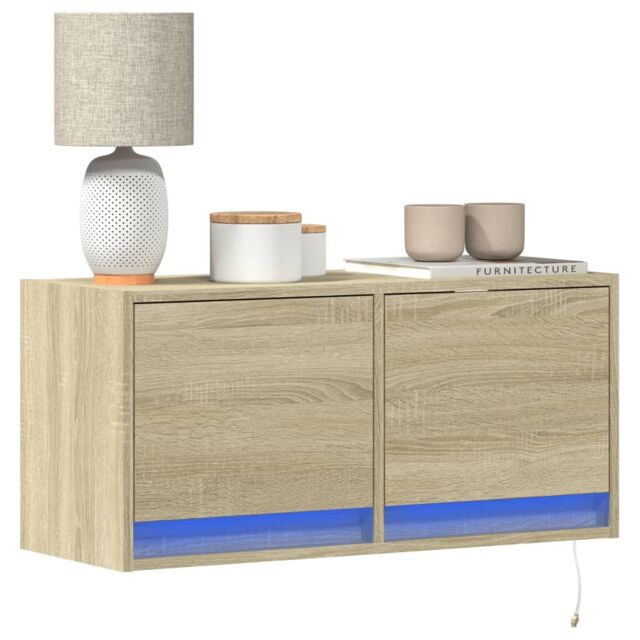 Berkfield Home TV Wall Cabinet with LED Lights Sonoma Oak 80x31x35 cm in Brown - Size: 80 x 31 x 35 cm - image 1