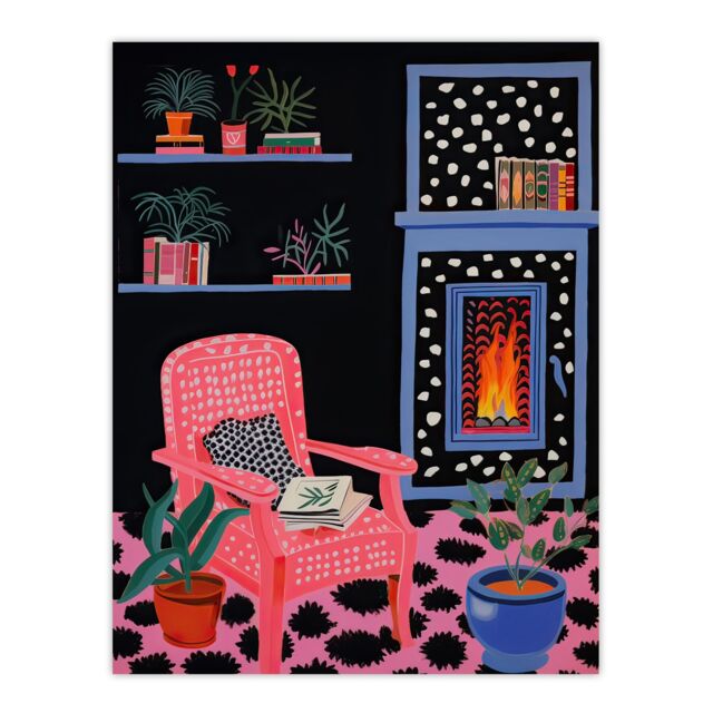 "Artery8 Wall Art Print Midnight Reading Acrylic Painting on Black Canvas Cosy Livingroom with a Fireplace Poster - Size: W18"" x H24""" - image 1