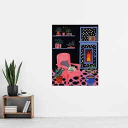 "Artery8 Wall Art Print Midnight Reading Acrylic Painting on Black Canvas Cosy Livingroom with a Fireplace Poster - Size: W18"" x H24""" - thumbnail 4