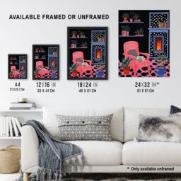 "Artery8 Wall Art Print Midnight Reading Acrylic Painting on Black Canvas Cosy Livingroom with a Fireplace Poster - Size: W18"" x H24""" - thumbnail 3