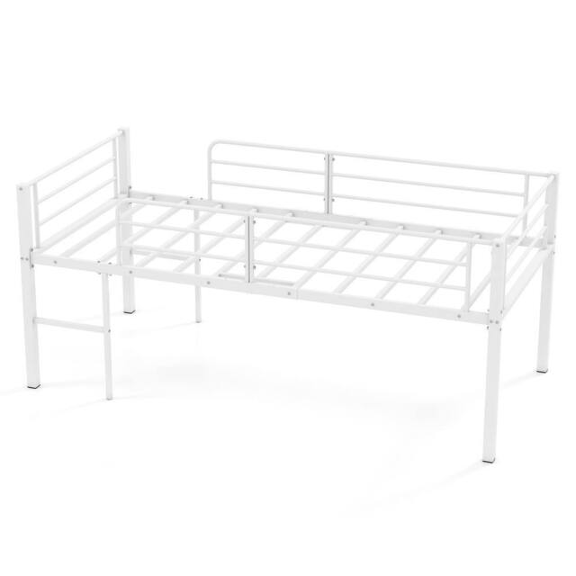 Costway Single Size Low Loft Bed Metal Bed Frame w/ Guardrails & 2 Ladders in White - image 1