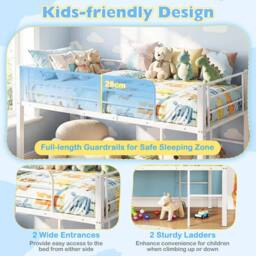 Costway Single Size Low Loft Bed Metal Bed Frame w/ Guardrails & 2 Ladders in White - thumbnail 8