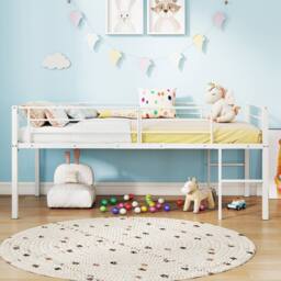 Costway Single Size Low Loft Bed Metal Bed Frame w/ Guardrails & 2 Ladders in White - thumbnail 4