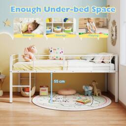 Costway Single Size Low Loft Bed Metal Bed Frame w/ Guardrails & 2 Ladders in White - thumbnail 7