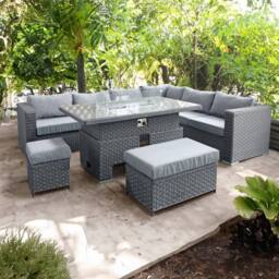Oseasons Buxton Rattan 9 Seat Rising Firepit Corner Set in Ocean Grey