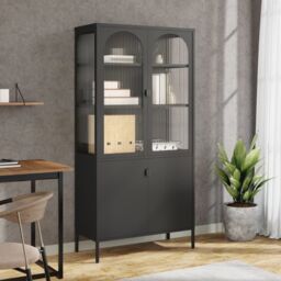 Berkfield Home Highboard Black 90x40x180 cm Glass & Steel - Size: 90 x 40 x 180 cm - thumbnail 1