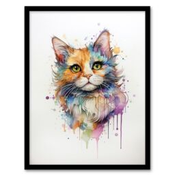 "Artery8 Wall Art Print Reverse Calico Cat Lovers Gift Watercolour Pet Portrait Painting Artwork Art Framed - Size: W12"" x H16""" - thumbnail 1