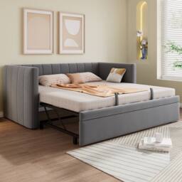 Merax 3ft Single Upholstered Daybed with Pull-Out Trundle, Velvet Sofa Bed in Grey - thumbnail 4
