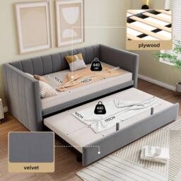 Merax 3ft Single Upholstered Daybed with Pull-Out Trundle, Velvet Sofa Bed in Grey - thumbnail 7