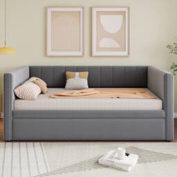 Merax 3ft Single Upholstered Daybed with Pull-Out Trundle, Velvet Sofa Bed in Grey - thumbnail 5