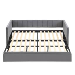 Merax 3ft Single Upholstered Daybed with Pull-Out Trundle, Velvet Sofa Bed in Grey - thumbnail 8