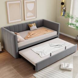 Merax 3ft Single Upholstered Daybed with Pull-Out Trundle, Velvet Sofa Bed in Grey - thumbnail 3