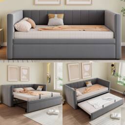Merax 3ft Single Upholstered Daybed with Pull-Out Trundle, Velvet Sofa Bed in Grey - thumbnail 1