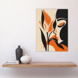 "Artery8 Bold Minimal Lady Kissing Rose Flower Artwork Wall Art Print in Orange - Size: W18"" x H24""" - thumbnail 4