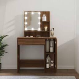 Berkfield Home White Dressing Table with LED Brown Oak 86.5x35x136 cm - thumbnail 2