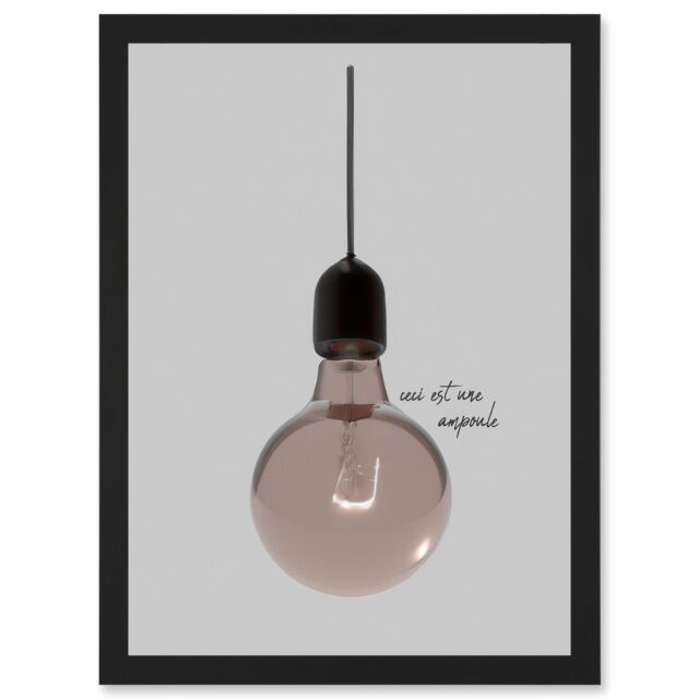 Artery8 Minimalist French Illustration of a Retro Peach Pink Light Bulb Ceci Est Une Ampoule Artwork Framed Wall Art Print A4 in Black - image 1