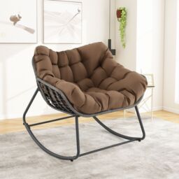 Costway Outdoor Rocking Chair Oversized Patio PE Wicker Egg Chair in Dark Brown - thumbnail 3