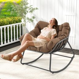 Costway Outdoor Rocking Chair Oversized Patio PE Wicker Egg Chair in Dark Brown - thumbnail 5