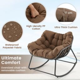 Costway Outdoor Rocking Chair Oversized Patio PE Wicker Egg Chair in Dark Brown - thumbnail 8