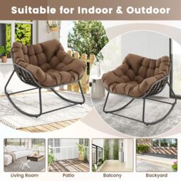 Costway Outdoor Rocking Chair Oversized Patio PE Wicker Egg Chair in Dark Brown - thumbnail 9
