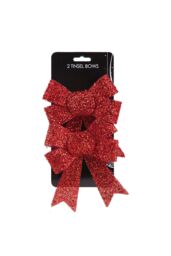 VFM e-Store Tinsel Bows x 2 Christmas Decoration X 2 13cm x 17cm x 4. 5cm Red - Size: 13 cm x 17 cm - thumbnail 1