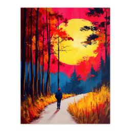 "Artery8 Vibrant Sunset Sky Autumn Forest Walk Path Hike Wall Art Print in Orange - Size: W24"" x H32""" - thumbnail 1
