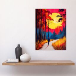 "Artery8 Vibrant Sunset Sky Autumn Forest Walk Path Hike Wall Art Print in Orange - Size: W24"" x H32""" - thumbnail 4