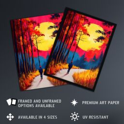 "Artery8 Vibrant Sunset Sky Autumn Forest Walk Path Hike Wall Art Print in Orange - Size: W24"" x H32""" - thumbnail 2