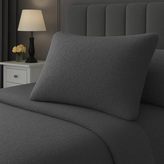 Homes-Linen Teddy Bear Plush Fleece Pillowcase Pair Warm & Cosy in Charcoal - Size: Standard Pillow Case - image 1