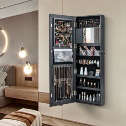 Costway 120cm Full Length Mirror Jewelry Cabinet Door Hanging/Wall Mounted Mirror with 3 Color Lights in Black - thumbnail 3
