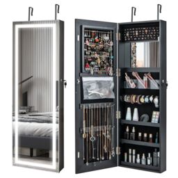 Costway 120cm Full Length Mirror Jewelry Cabinet Door Hanging/Wall Mounted Mirror with 3 Color Lights in Black