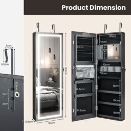 Costway 120cm Full Length Mirror Jewelry Cabinet Door Hanging/Wall Mounted Mirror with 3 Color Lights in Black - thumbnail 2