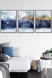 ARTZE Abstract Navy Blue & Yellow Mountains Framed Wall Art - Large in Dark Grey - Size: W53 cm x H73 cm x D20mm