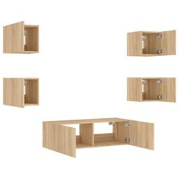 Berkfield Home Decorative 5 Piece TV Wall Cabinets with LED Lights Sonoma Oak in Light Tan - thumbnail 6