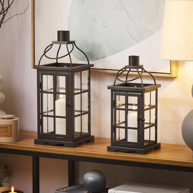 Wyld and Coco Black Iron Lantern 42cm Glass Door Pillar Candle Holder - image 1