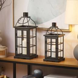 Wyld and Coco Black Iron Lantern 42cm Glass Door Pillar Candle Holder - thumbnail 1