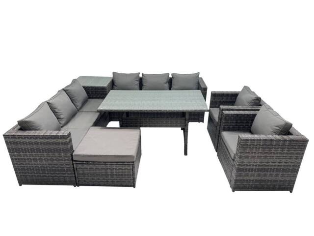 Fimous Garden Rattan Furniture Set 9 Seater with Side Table Big Stool in Dark Grey - image 1