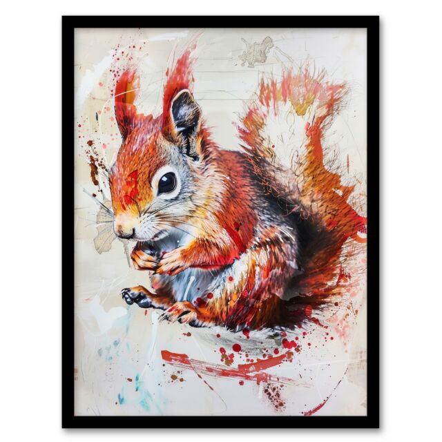 Artery8 Red Squirrel Painting Cute Woodland Animal Nature Framed Art Print in Brown - Size: A4 - image 1