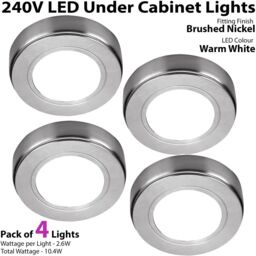 Loops 4x BRUSHED NICKEL Round Surface or Flush Under Cabinet Kitchen Light Kit - 240V Mains Powered - Warm White LED in Metallics - thumbnail 2