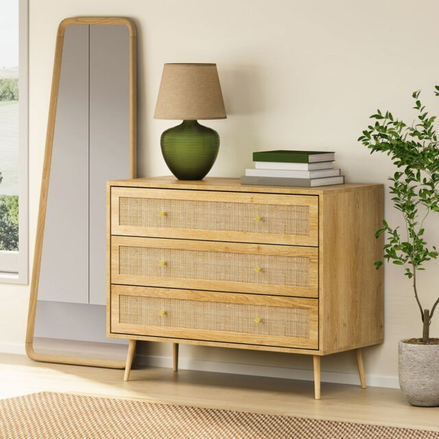 VonHaus Sienna Wide 3 Drawer Rattan Fronted Bedroom Storage Chest of Drawers in Brown - image 1