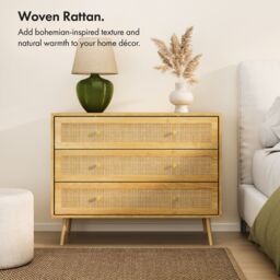 VonHaus Sienna Wide 3 Drawer Rattan Fronted Bedroom Storage Chest of Drawers in Brown - thumbnail 2