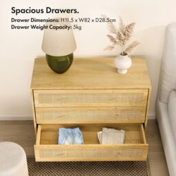VonHaus Sienna Wide 3 Drawer Rattan Fronted Bedroom Storage Chest of Drawers in Brown - thumbnail 3
