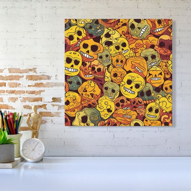 "Warren Reed - Designer Autumnal Skulls Pattern Canvas in Orange - Size: W16"" x H16""" - image 1