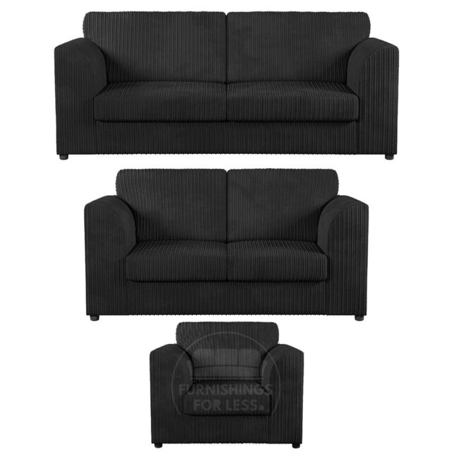 Furnishings For Less UK Luxor Jumbo Cord 3 + 2 + 1 Fabric 3 Piece Sofa Suite - Fullback in Black - image 1