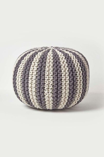 Homescapes Knitted Pouffe Striped Footstool 40 x 50 cm in Grey - image 1