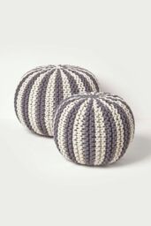 Homescapes Knitted Pouffe Striped Footstool 40 x 50 cm in Grey - thumbnail 5