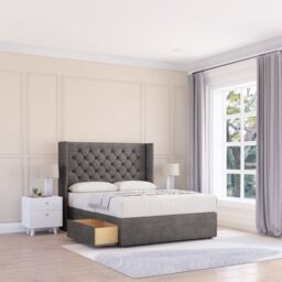 "Sloomy Dior Naples Wingback Bed Set, 2 Drawers & 54"" Floor Standing Headboard in Dark Grey - Size: Small Double" - thumbnail 1
