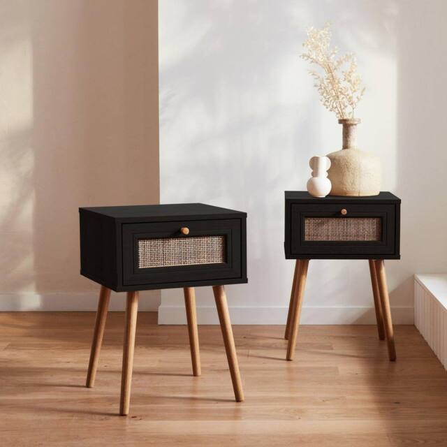 sweeek Pair Of Woven Rattan Bedside Tables With Drawer in Black - image 1