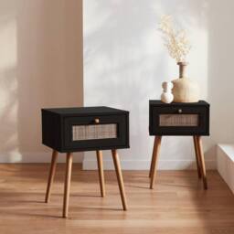 sweeek Pair Of Woven Rattan Bedside Tables With Drawer in Black - thumbnail 1