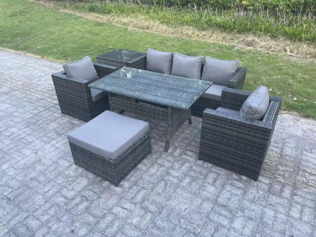 Fimous PE Wicker Rattan Garden Furniture Set Outdoor Rectangular Dining Table Side Table Stool 6 Seater in Dark Grey - image 1